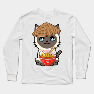 Funny siamese cat is eating noodles Long Sleeve T-Shirt